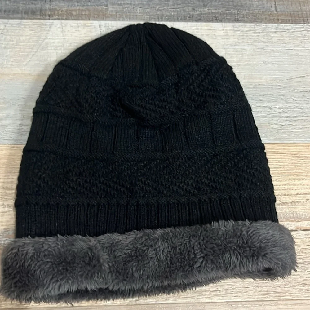 HINDAWI Sherpa Fleece Knit Beanie Unisex Adult Black Winter Slouch Hat Cap‎ OS